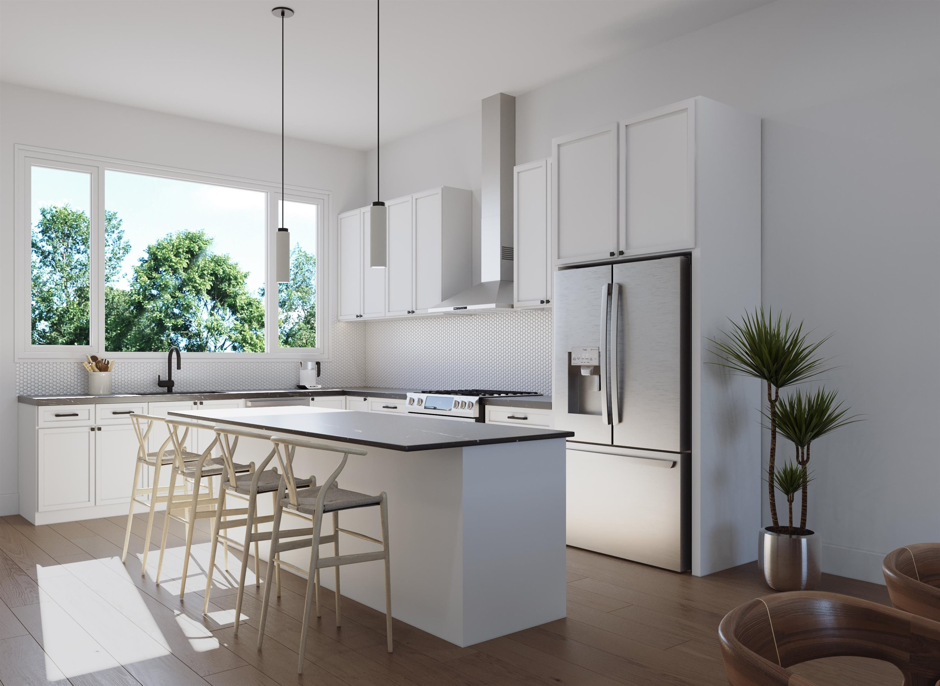 a kitchen with stainless steel appliances a table chairs refrigerator and window