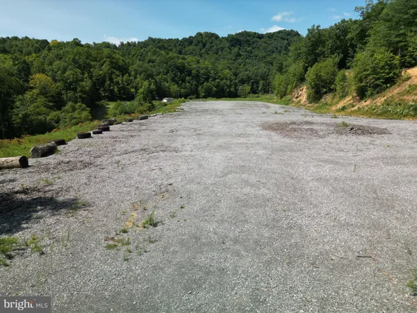 a view of a dirt road with trees in the background