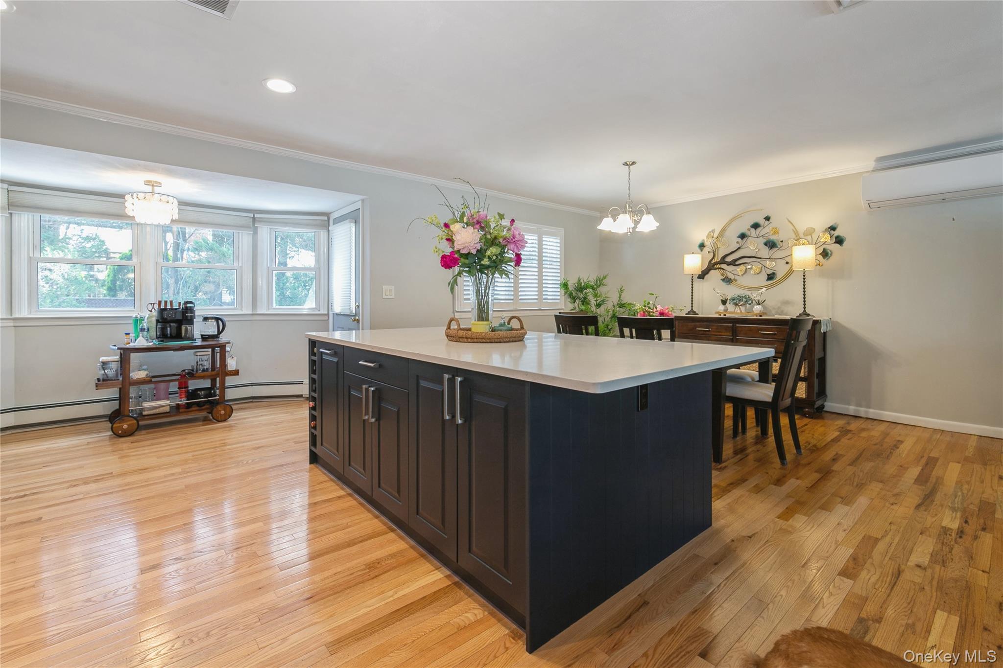 115 Clarendon Road Ronkonkoma, NY 11779 - Photo 11 of 45 Kitchen island with dark cabinetry and light-toned countertop, featuring wood-finish flooring throughout