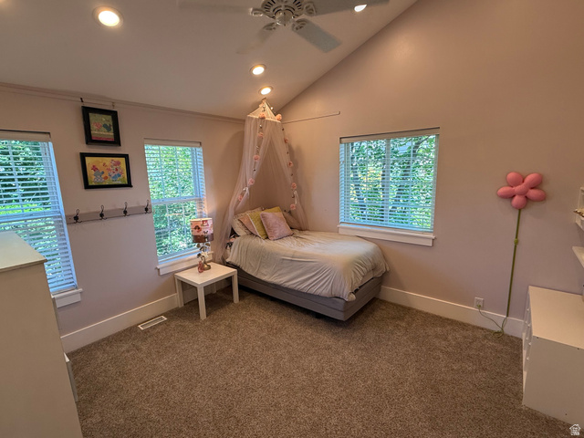 776 Canyon Road Hyde Park, UT 84318 - Photo 38 of 57 Carpeted room featuring a vaulted ceiling with recessed lighting and a ceiling fan
