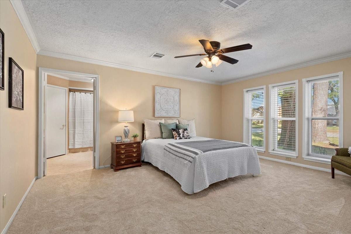16707 Rugby Court Spring, TX 77379 - Photo 24 of 48 The large primary bedroom offers gorgeous crown molding, large windows, and direct access to the primary bathroom.