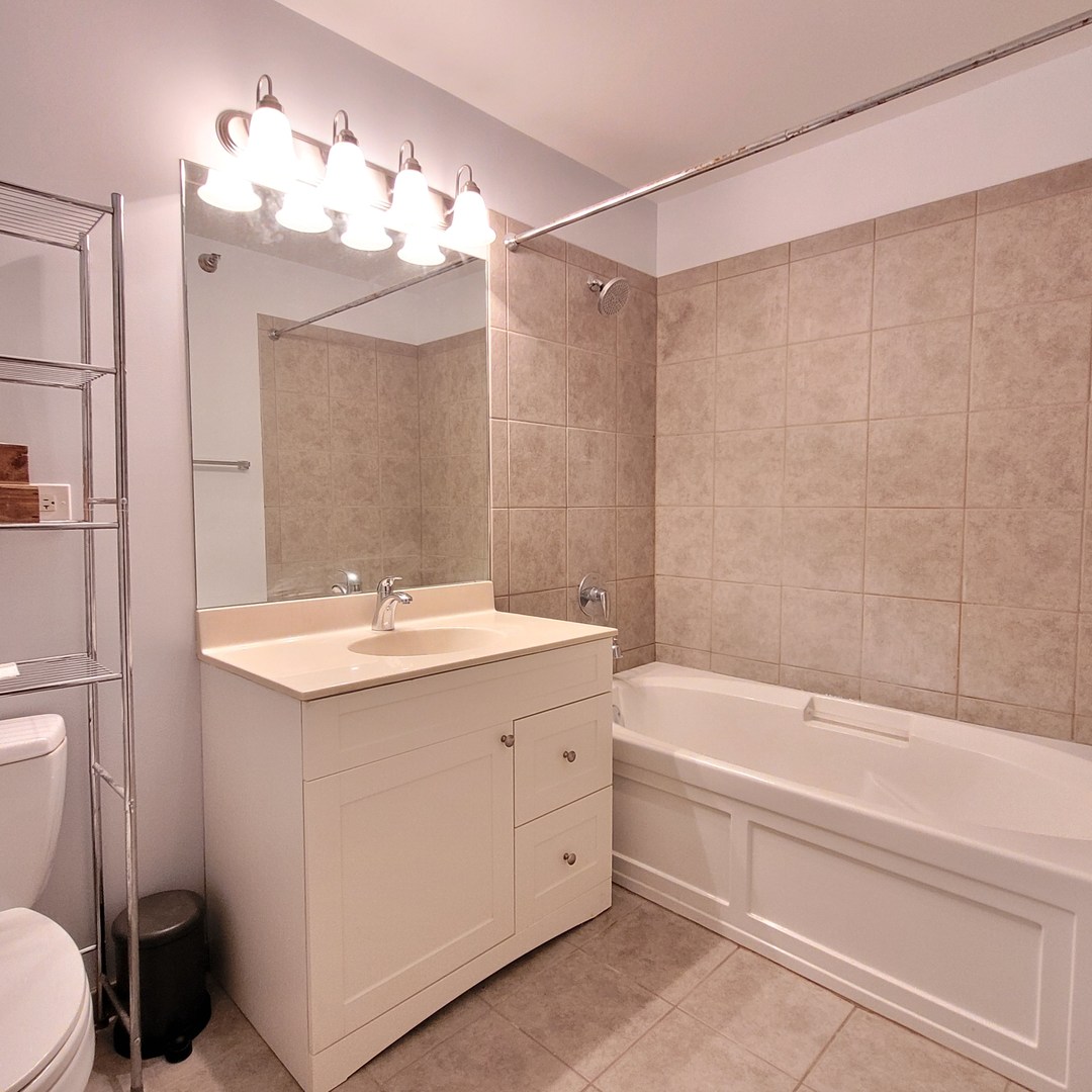 235 West Van Buren Street, Unit 3420 Chicago, IL 60607 - Photo 12 of 18 a bathroom with a granite countertop sink a toilet and shower