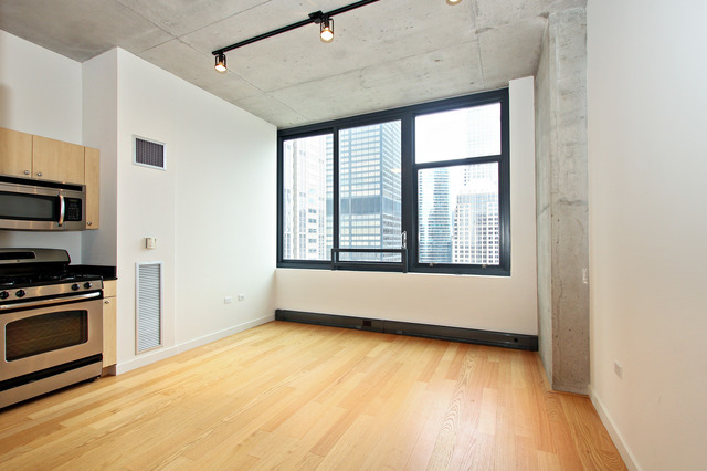 235 West Van Buren Street, Unit 3420 Chicago, IL 60607 - Photo 9 of 18 a view of an empty room with a window and wooden floor