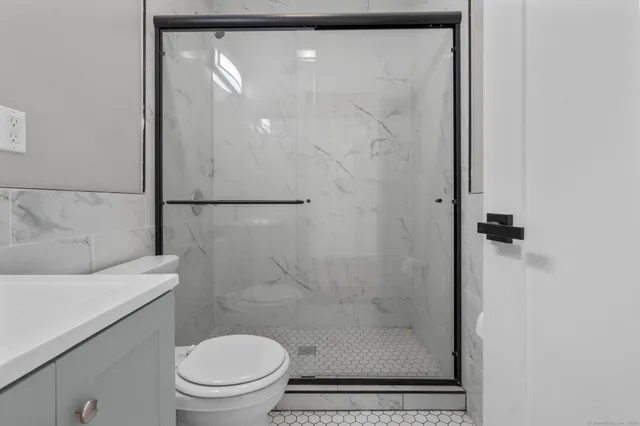 a bathroom with a shower a toilet and a sink