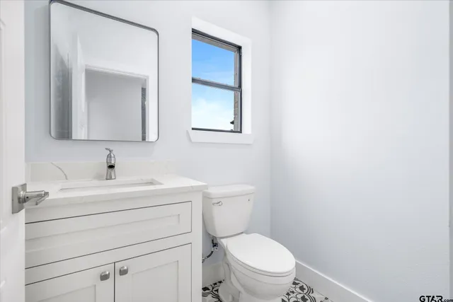 a bathroom with a toilet sink vanity and mirror