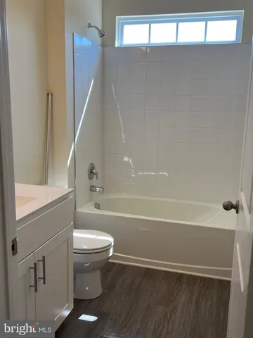 a bathroom with a bathtub and a toilet