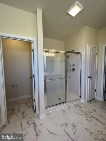a bathroom with a shower and a sink