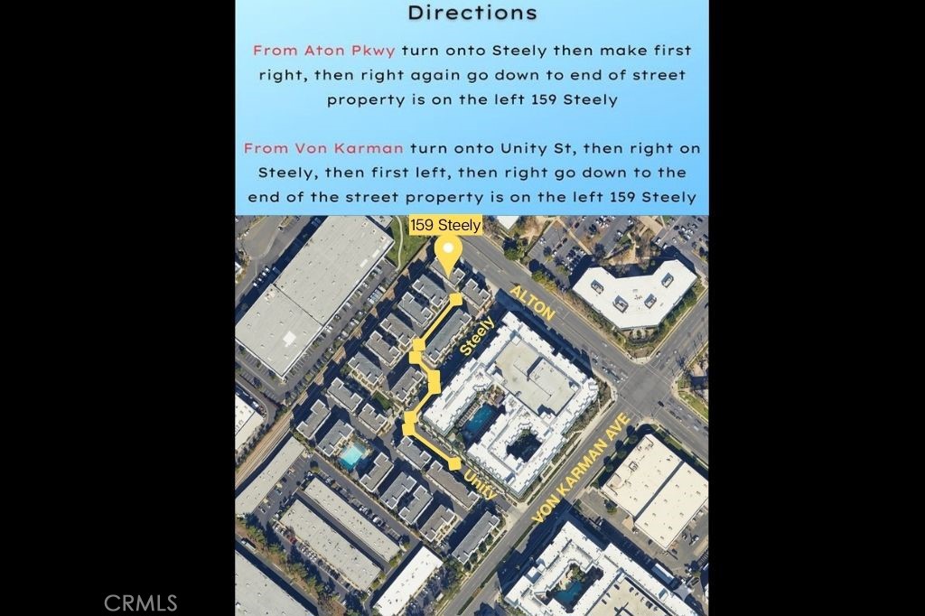 159 Steely Irvine, CA 92614 - Photo 27 of 30 Aerial view with directions highlighting unit location within community.