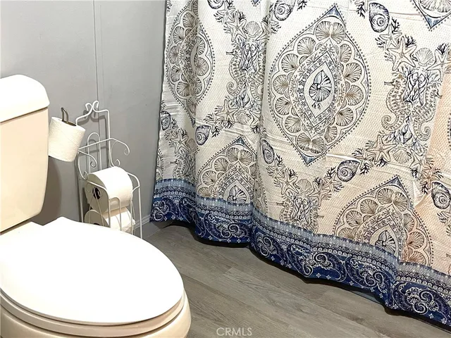 a bathroom with a toilet and a wooden floor