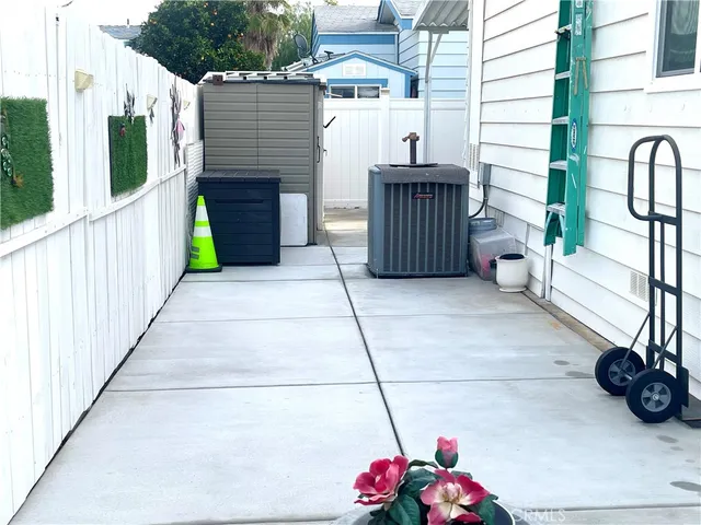 a view of a porch with seating space