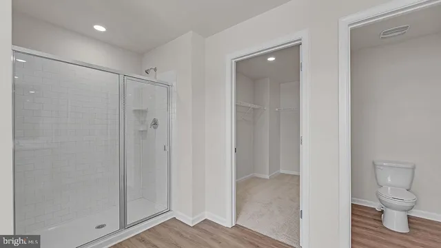 a bathroom with a shower and a toilet