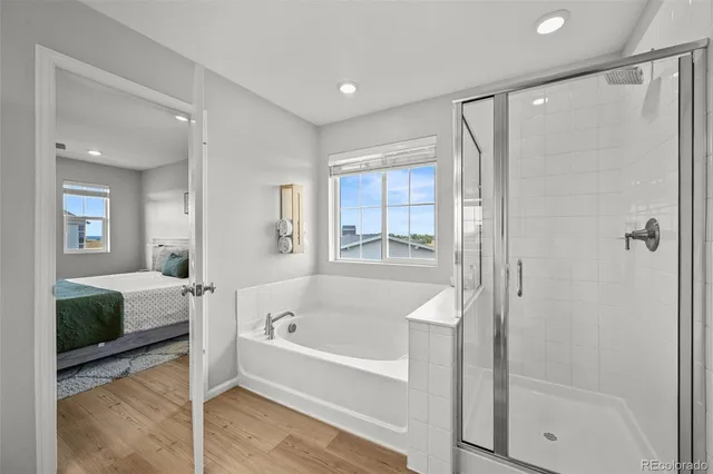 a bathroom with a bathtub and a shower