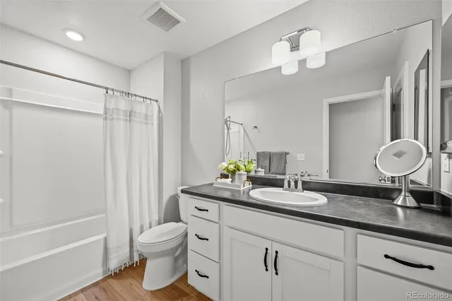 a bathroom with a granite countertop sink a toilet and shower