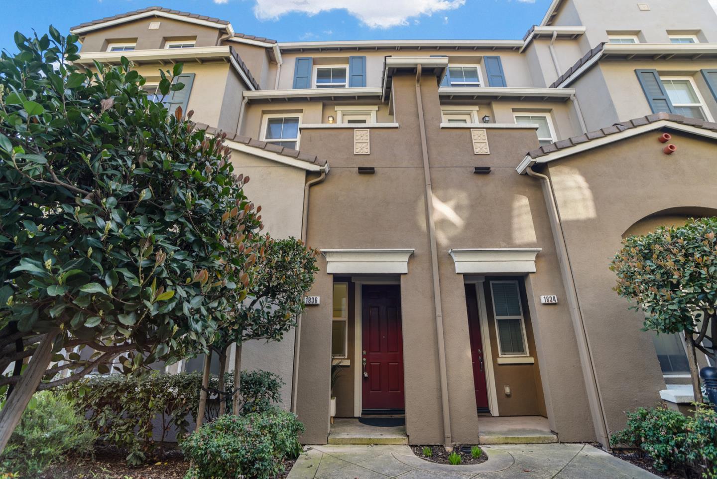 a front view of a house with plants