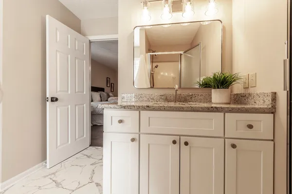 a bathroom with a granite countertop sink a mirror and a shower