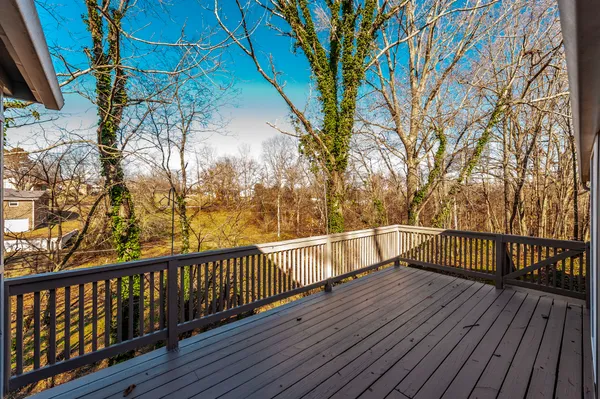 a view of a balcony with wooden floor