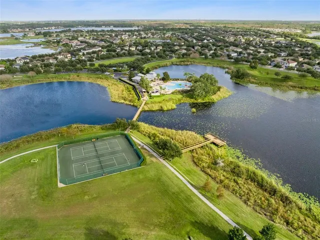 an aerial view of a house with a swimming pool