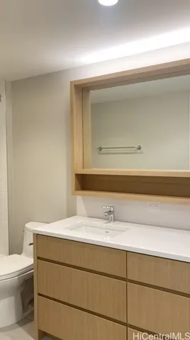 a bathroom with a sink a toilet and mirror