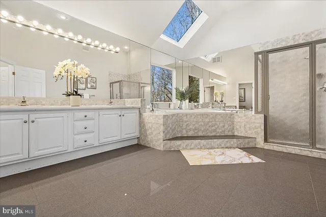 a bathroom with a sink a mirror and a shower