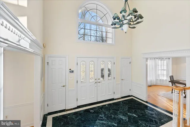 a view of a chandelier in a room