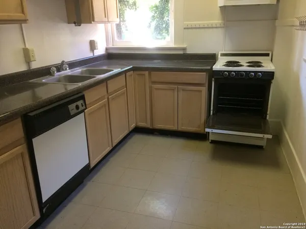 a kitchen with a sink a window and a potted plant
