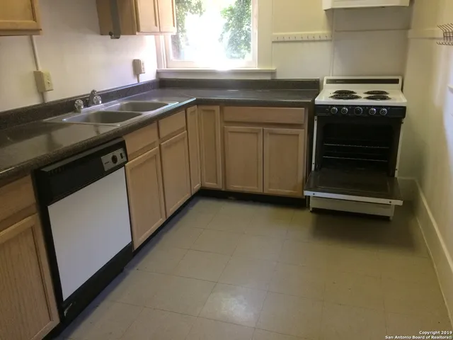 a kitchen with a sink a window and a potted plant