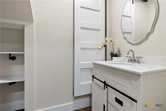 a bathroom with a sink vanity and a mirror