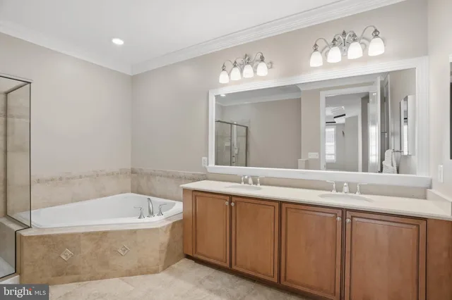 a bathroom with a tub a sink and a mirror