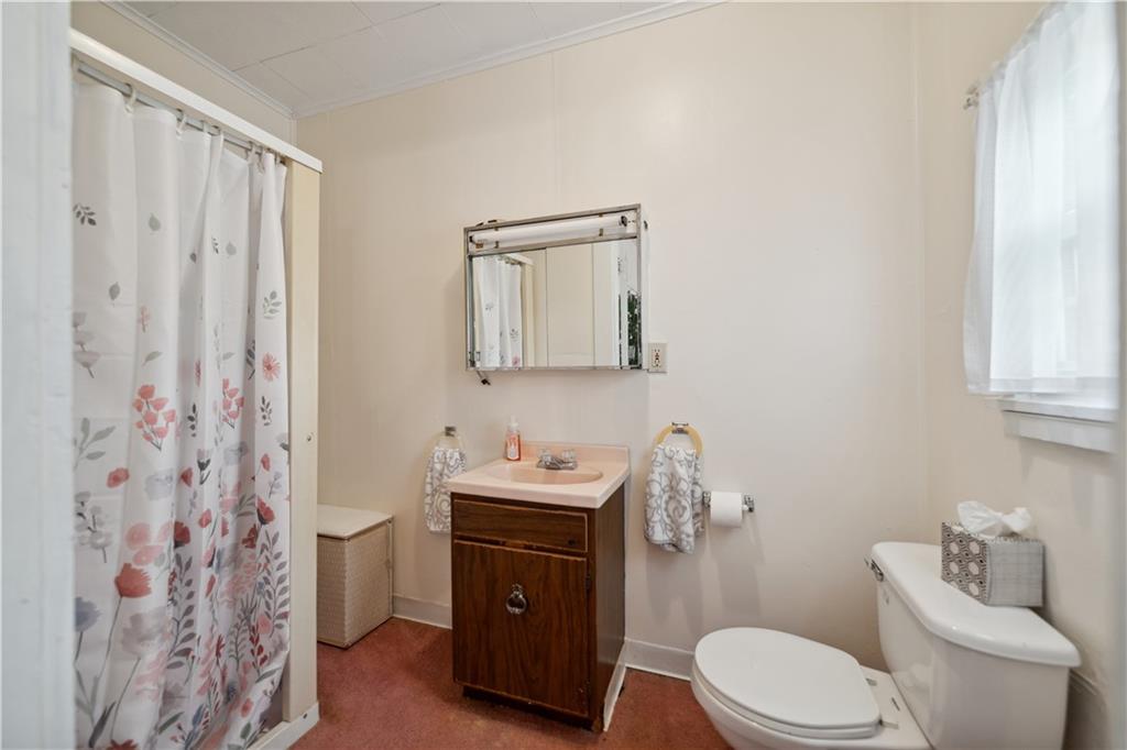 401 Delafayette Street Perryopolis, PA 15473 - Photo 13 of 32 a bathroom with a sink a toilet and shower curtain