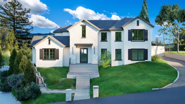 a view of a big yard with potted plants and large tree