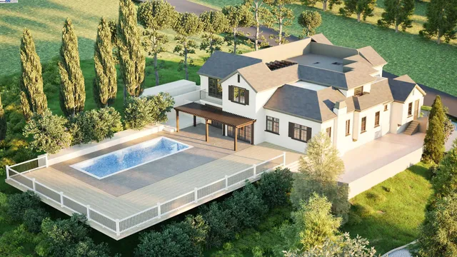 an aerial view of a house with a yard