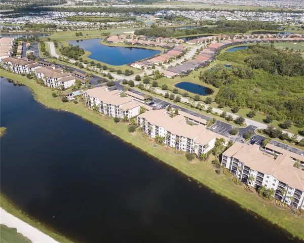 a view of a lake with a terrace