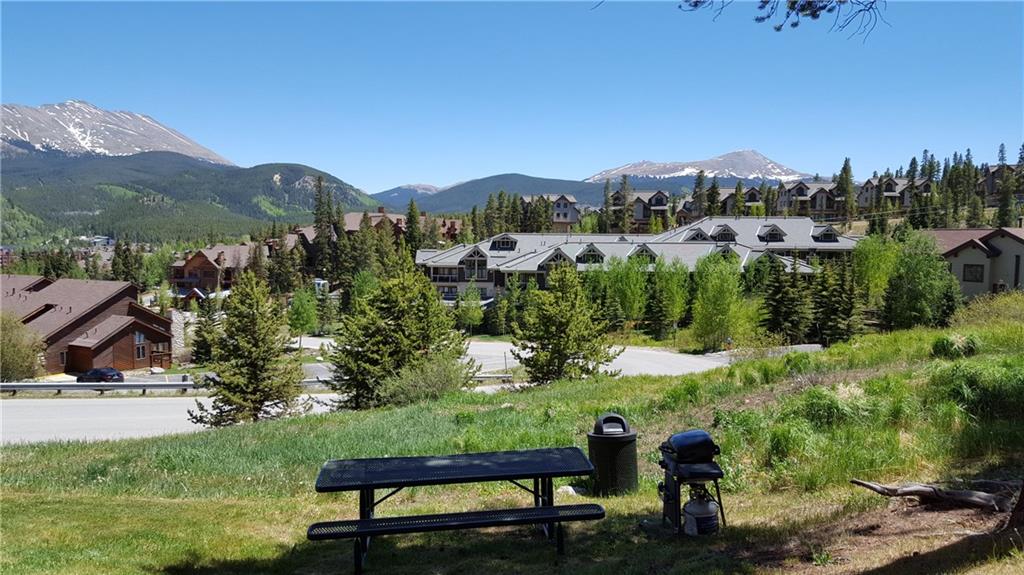 a view of a lush green field with mountains in the background