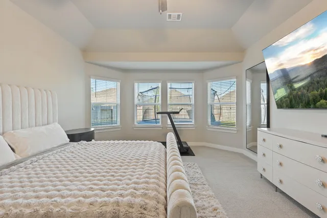 a bedroom with a large bed and windows