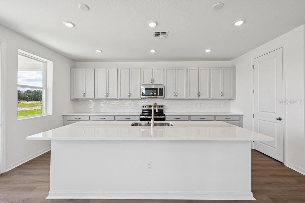30121 Misty Pnes Road Mount Dora, FL 32757 - Photo 25 of 55 a kitchen with stainless steel appliances granite countertop a stove a sink a refrigerator and white cabinets with wooden floor