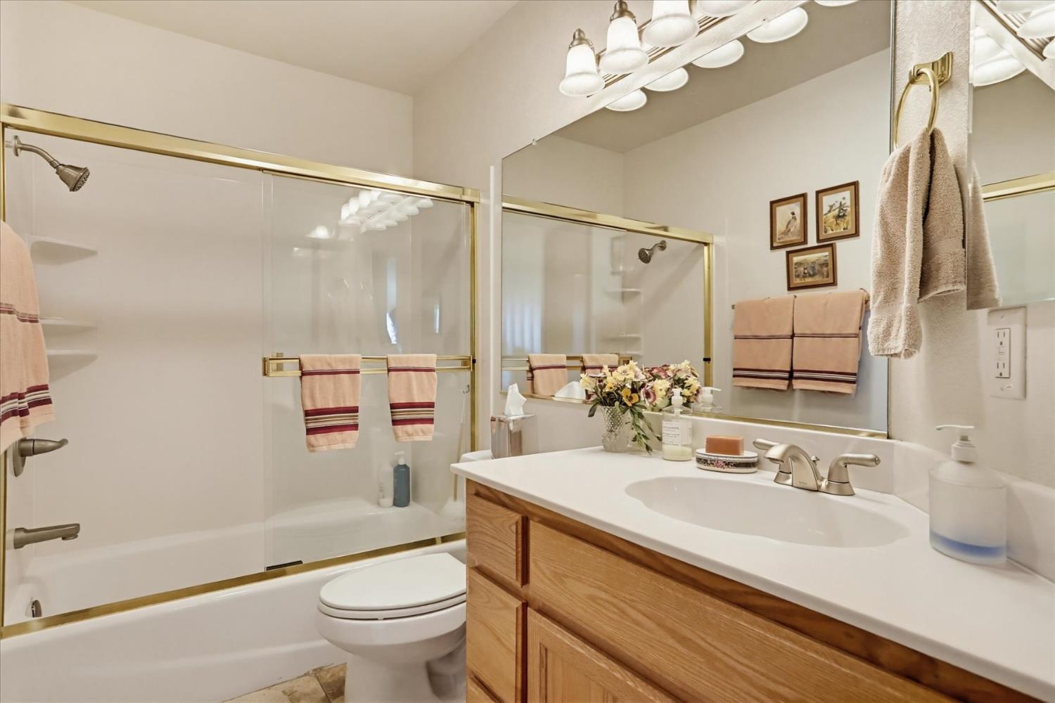 970 Morgan Ranch Drive Grass Valley, CA 95945 - Photo 29 of 76 a bathroom with a sink a toilet a mirror and shower