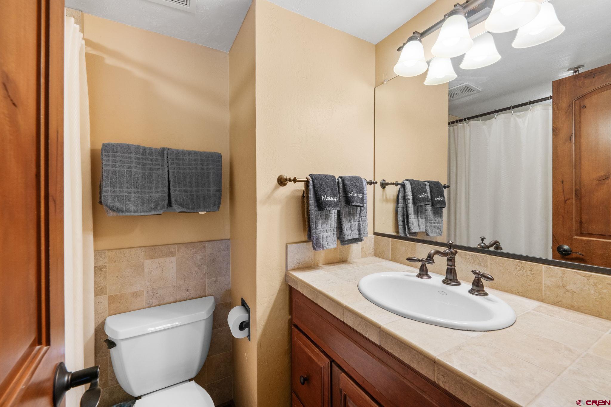 11 Emmons Road, Unit 433 Crested Butte, CO 81225 - Photo 14 of 32 a bathroom with a granite countertop toilet sink and mirror
