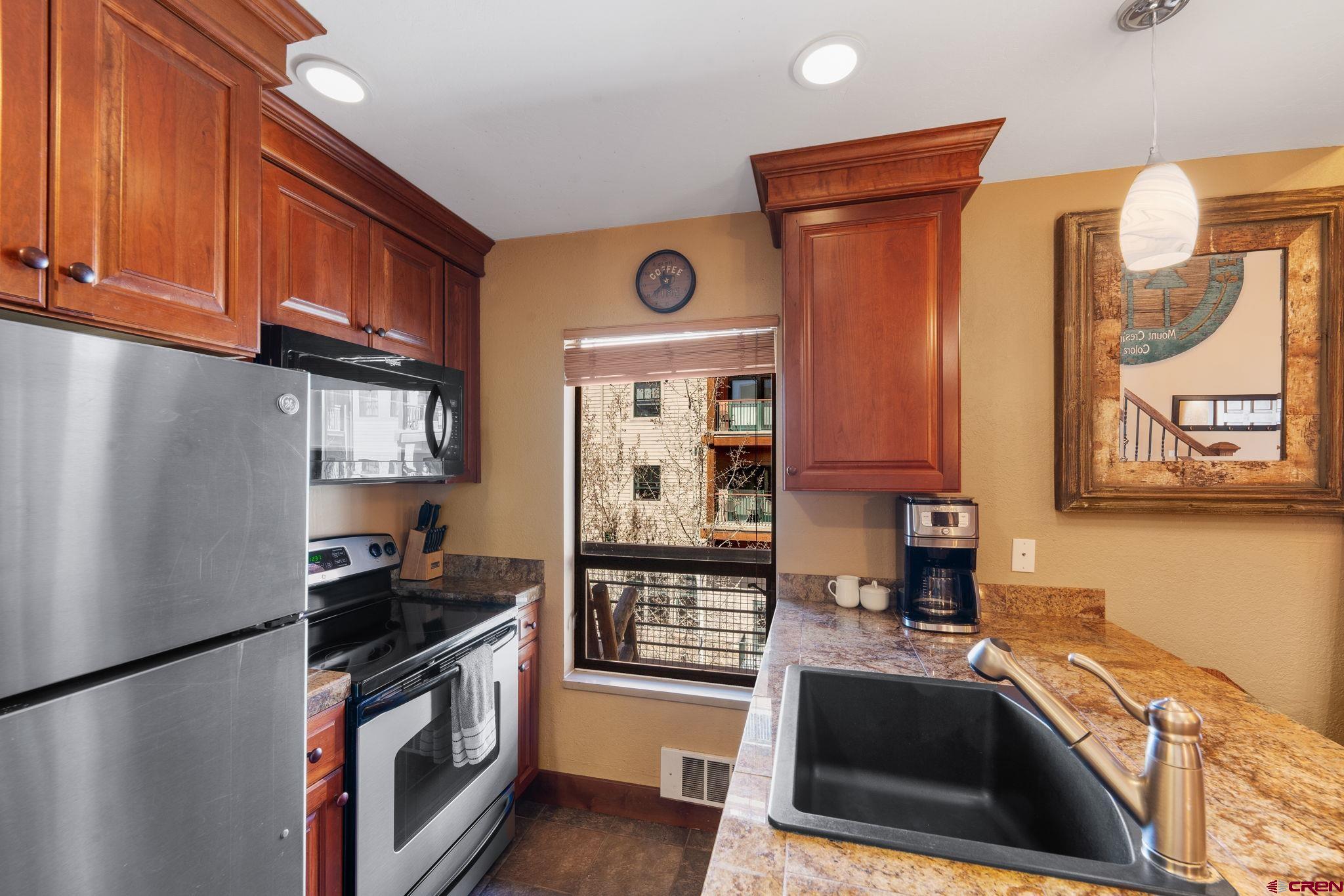 11 Emmons Road, Unit 433 Crested Butte, CO 81225 - Photo 6 of 32 a kitchen with stainless steel appliances granite countertop a stove a sink and a refrigerator