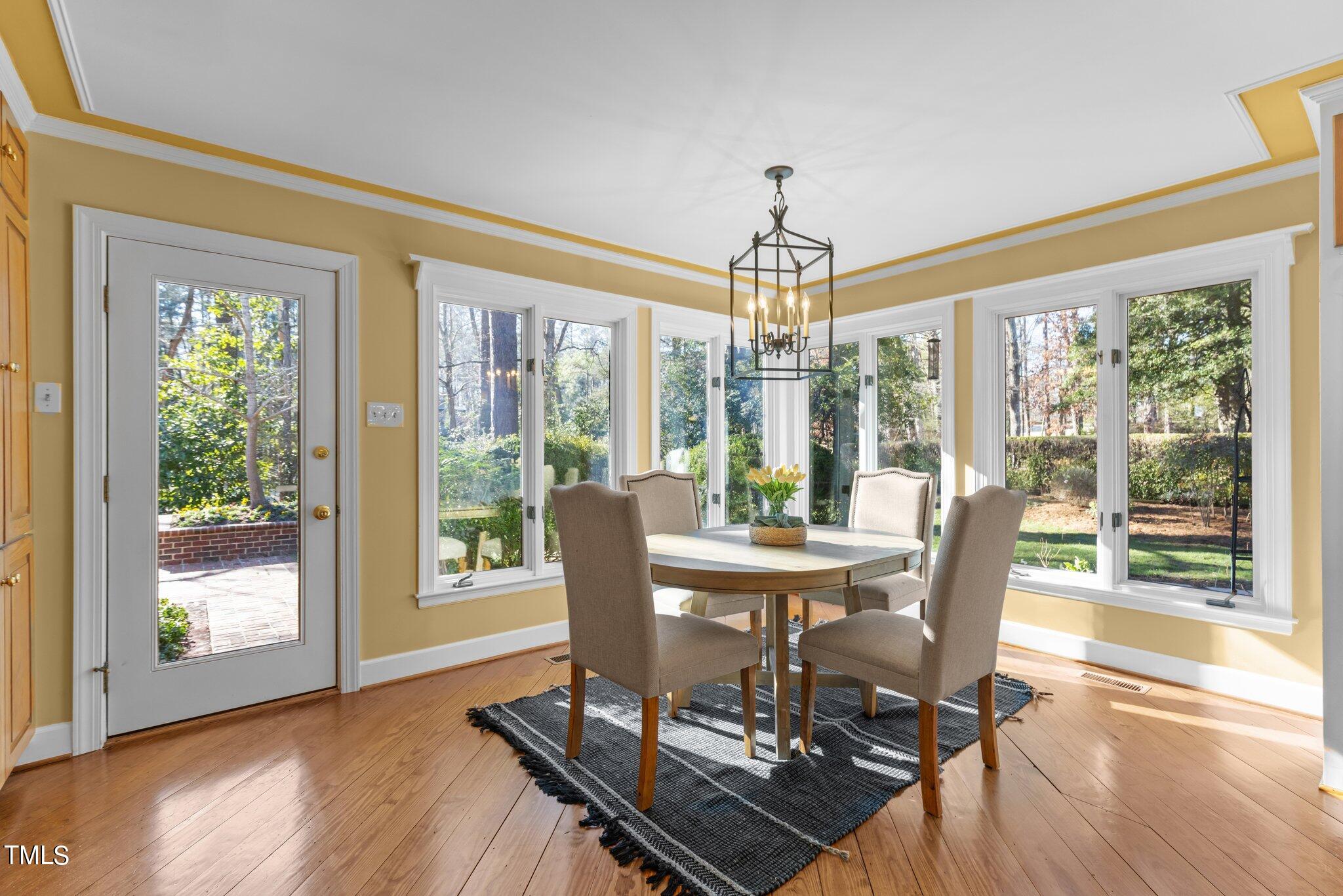 8 Surrey Lane Durham, NC 27707 - Photo 32 of 50 a view of a dining room with furniture large windows and wooden floor