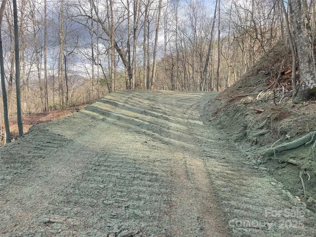 a view of a dry yard with mountains in the background