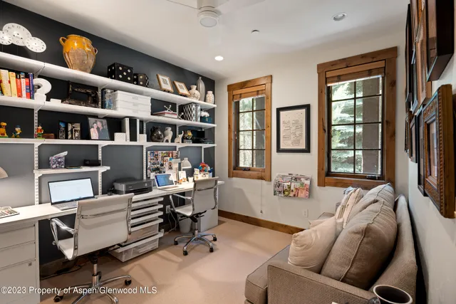 a living room with furniture and a book shelf