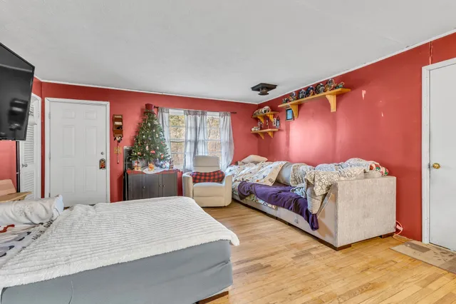 a bedroom with a large bed and a potted plant
