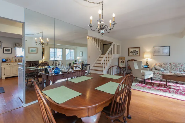 a view of a dining room with furniture