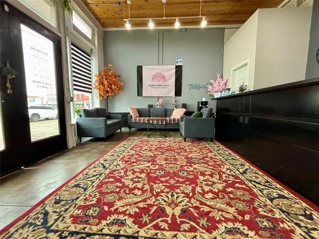 a living room with furniture and a rug