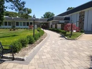 a view of a play house with a big yard and potted plants