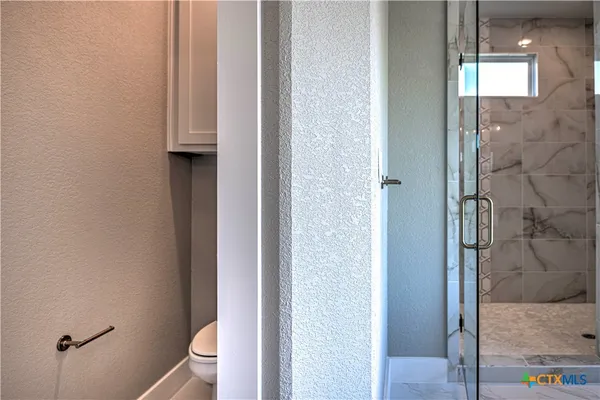 a bathroom with a toilet and a shower