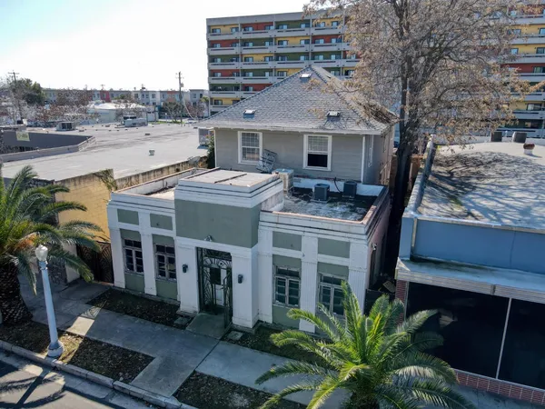 an aerial view of a house with garden