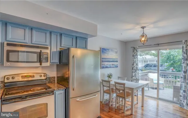 a kitchen with a refrigerator a stove a sink and a dining table