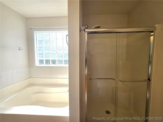 a bathroom with a bathtub and a shower