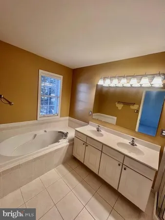 a bathroom with a tub sink and mirror